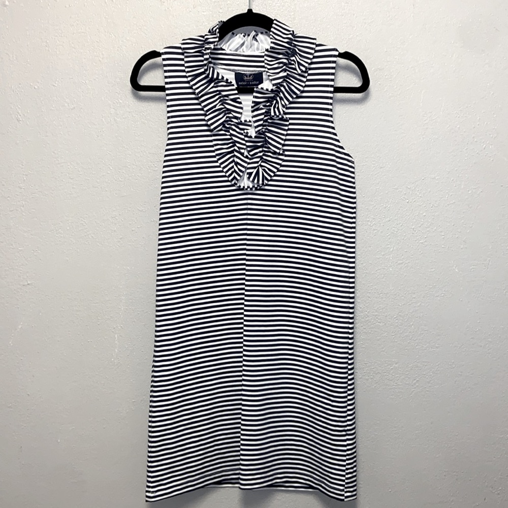 Sailor Sailor Skipper Black White Striped Sleeveless Ruffled Collar Shift Dress - Picture 2 of 7